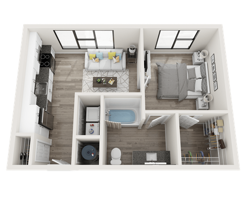 Floor plan for 1 bed, 1 bath, 584 sqft